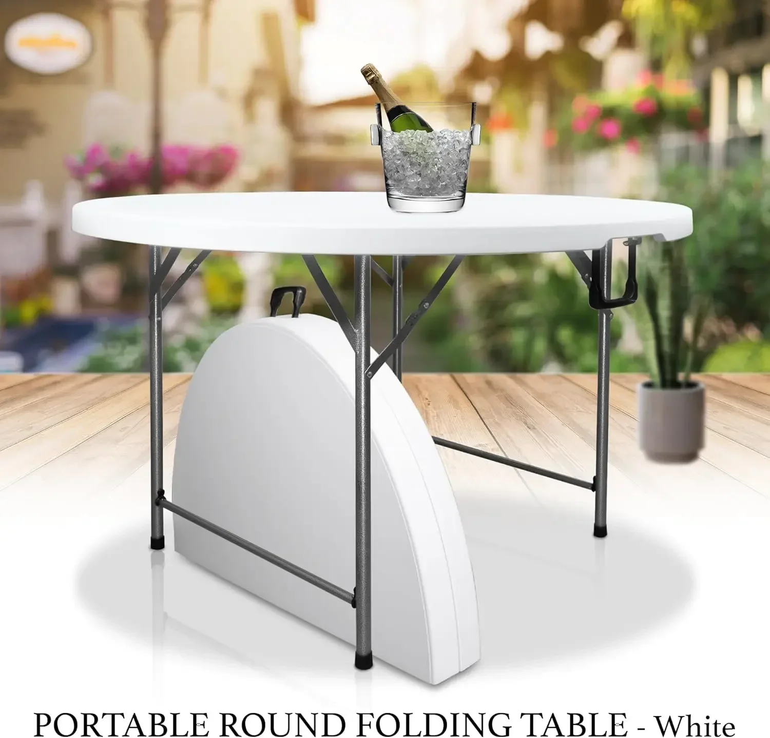 Portable Folding Round Card Table 4 Feet, Heavy Duty Plastic, Half Foldable, with Carry Handle - Ideal for Indoor and Outdoor Us