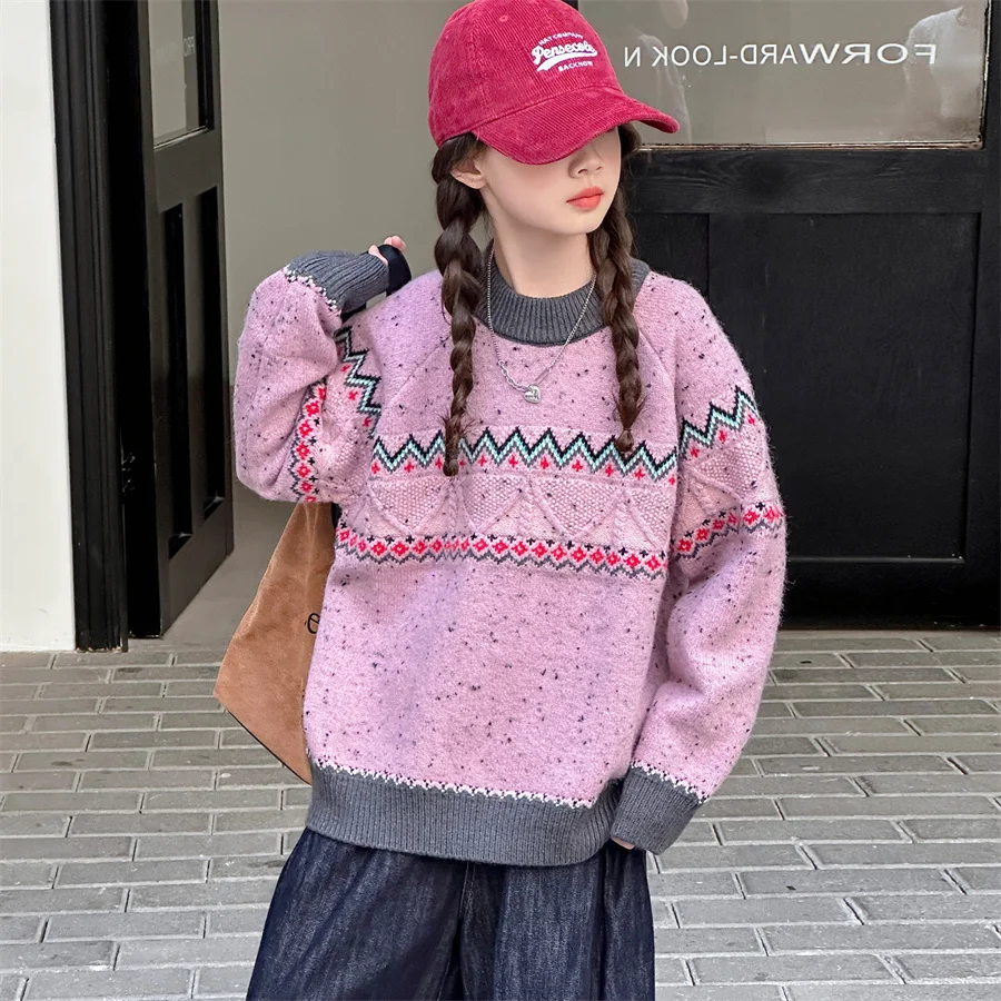 Autumn Children Girls Geometric Style Sweater Pink Color Knitwear Teenage Kids Fashion Knitted Clothing 5 6 7 8 9 10 11 12 13 14