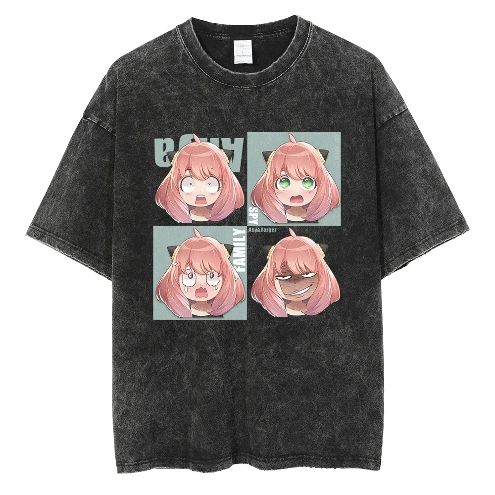 2026 Summer Anime Spy X Family Oversized T-shirt, Anya Forger Multi-Expression Print Casual Streetwear Washed Black Tee