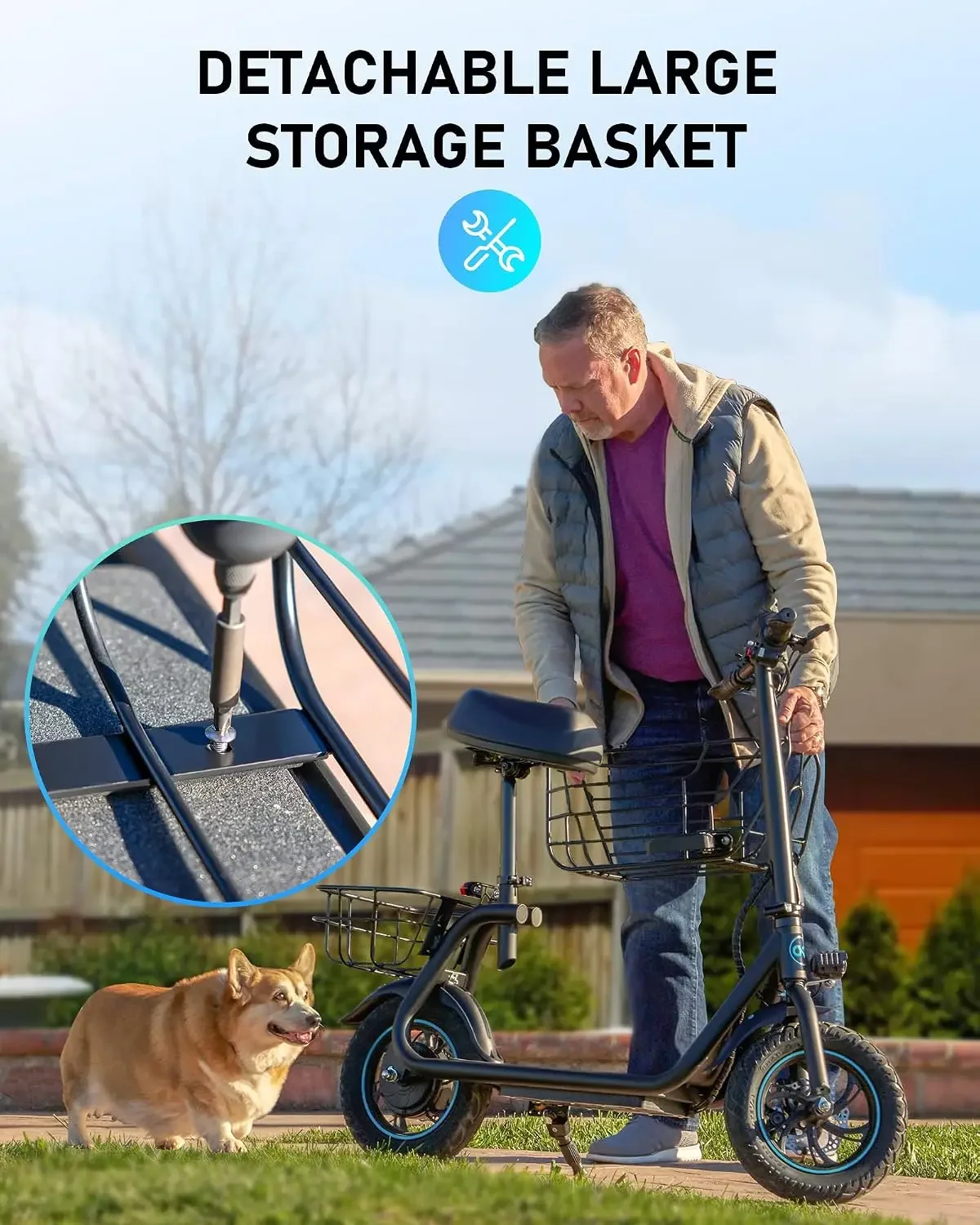 Electric Scooter with Seat and Basket for Adults 550W | 20 Mile Range, Foldable Design, 12-inch Tires, UL2272 Certified