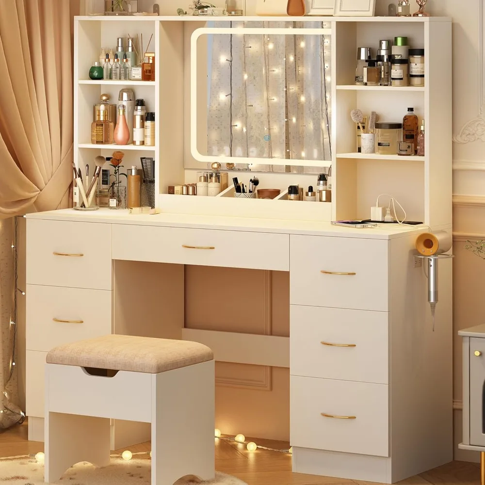 

Large dressing table with mirror and light, LED white with stool and power socket, equipped with lighting