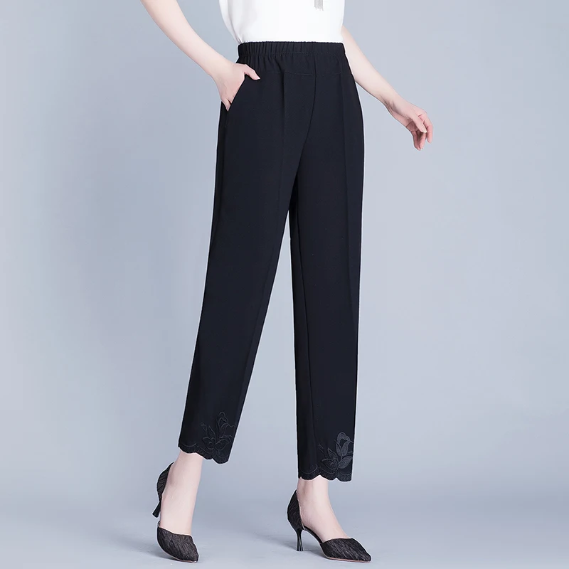 Summer Cool Bottom Embroidered Chiffon Pants Women's Thin High Waist 2025 Elastic Loose Straight Leg Pants Women's Casual Pants