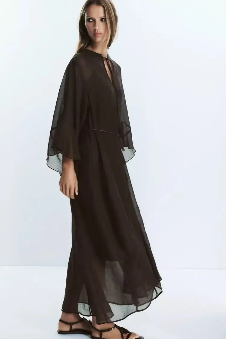 Cinto solto Ktan Dr com camadas decorativas Sve comprimento sete quartos fibra de poliéster saia evasê Sle para mulheres