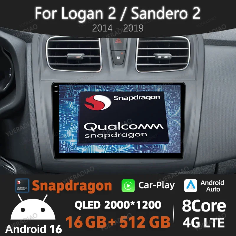 Android 16 Car Radio For Renault Logan 2 2012 - 2022 Qualcomm Multimedia Video Player 4G LTE 5G WIFI QLED 2DIN Head Unit BT NAVI