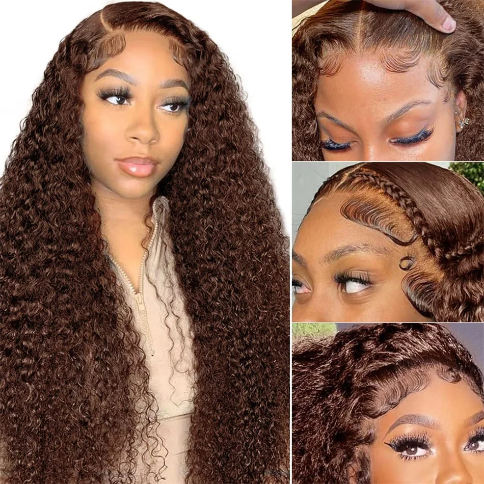 Deep Curly Chocolate Brown 13x4 Lace Front Human Hair Wigs For Women Pre Plucked Colored Deep Wave Lace Frontal 4x4 Closure Wig