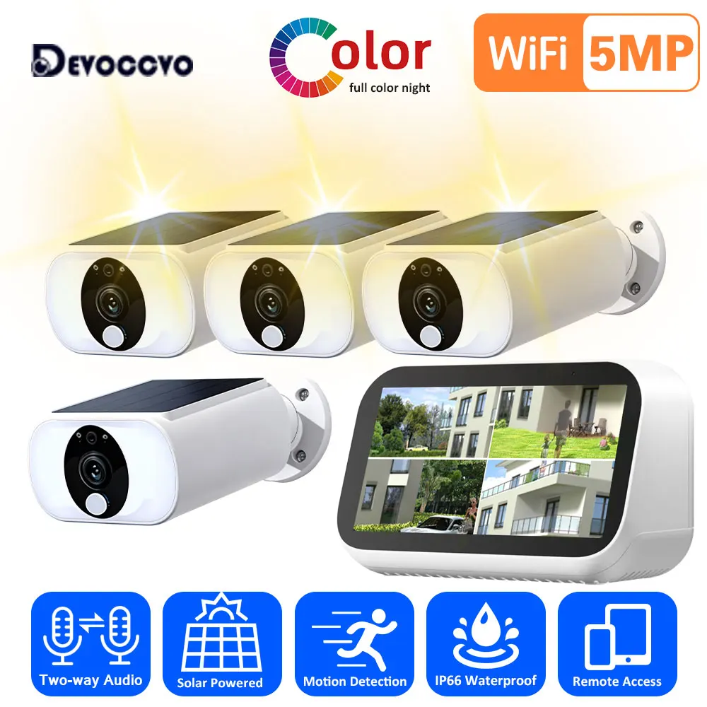 

2-стороннее аудио, 5 МП, 4 канала, 4,3-дюймовый ЖК-дисплей NVR, комплект видеонаблюдения, уличная водонепроницаемая солнечная пулевидная камера Wi-Fi, система видеонаблюдения, 4-канальный комплект