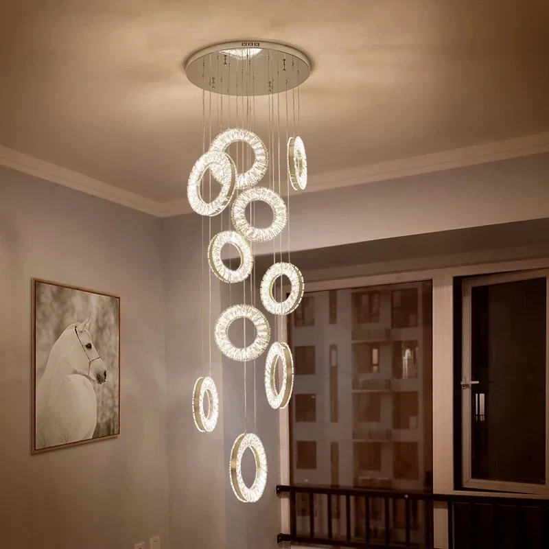 Luxury Gold Silver Led Chandelier Crystal Ceiling Lamp Staircase Home Decor Indoor Long Ring Dining Room Kitchen Light Fixture