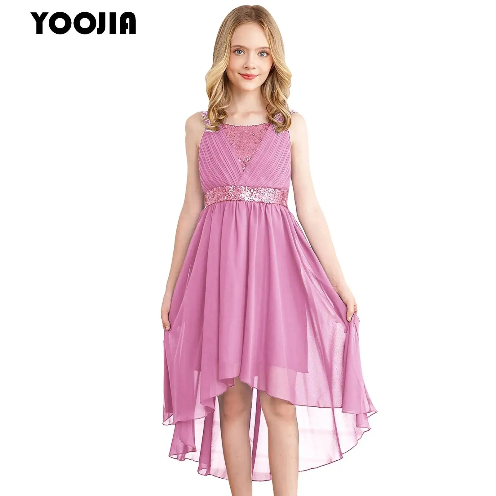 

Sequin Princess Party Dress for Kids Elegant Flower Girls Dress Asymmetrical Chiffon Wedding Birthday Formal Party Maxi Gown