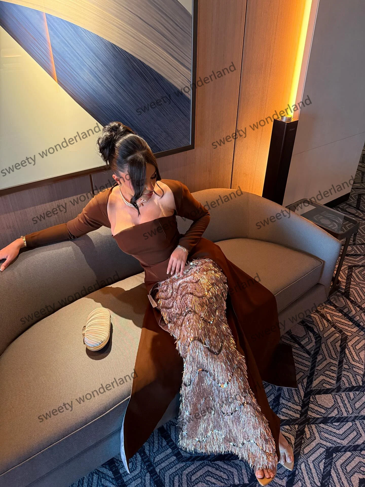 Brown Exquisite Evening Dresses A Line Sequin Prom Dress Tassels Luxury Wedding Party Gown Customized Long Sleeve Vestidos