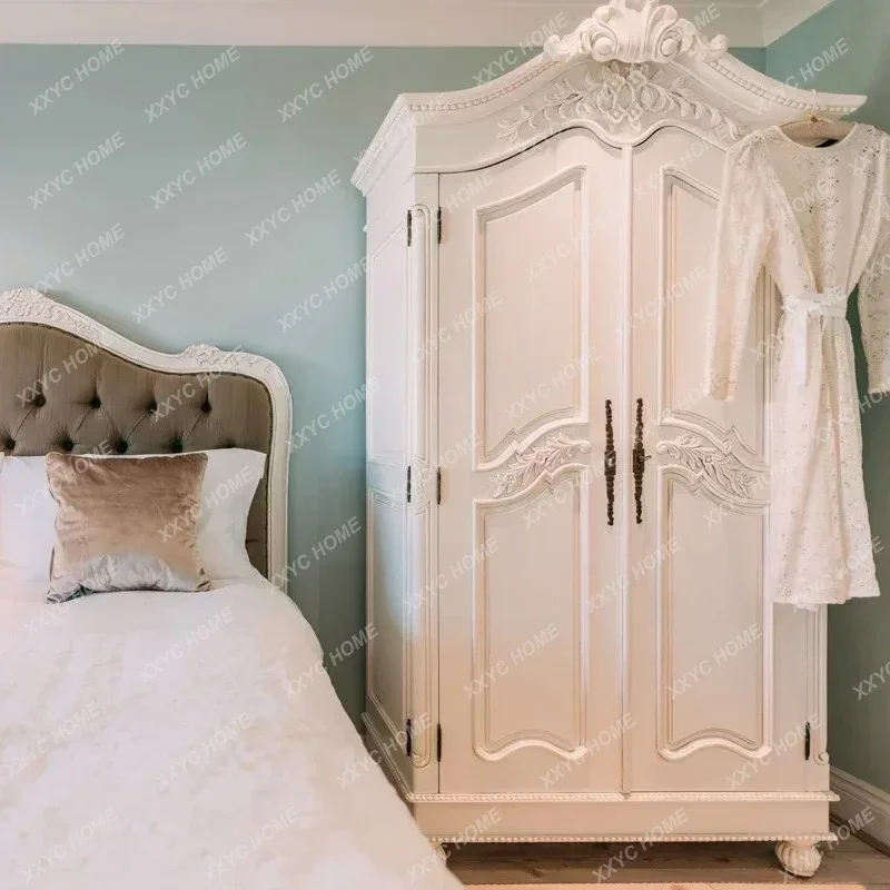 X Solid wood wardrobe  retro carved old double door wardrobe bedroom white storage cabinet