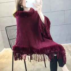 2022 New Winter Warm wool fur red Capes cloak& Ponchos for Women Oversized Shawls Wraps Cashmere Pashmina Female Tassel Mujer