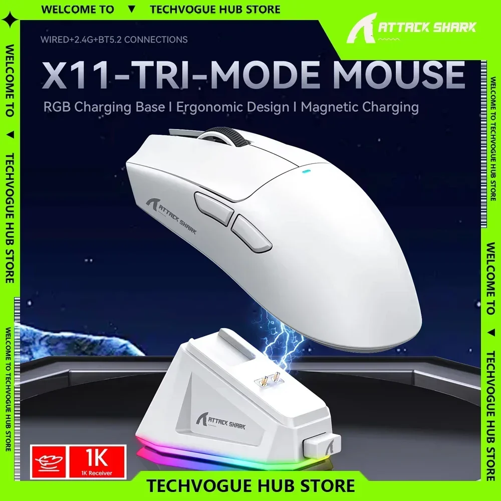 

Attack Shark X11 Wireless Gaming Mouse PAW3311 Ultra-Light 3-Mode Wireless Mouse Bluetooth Charging Dock Gamer Mouse Gifts