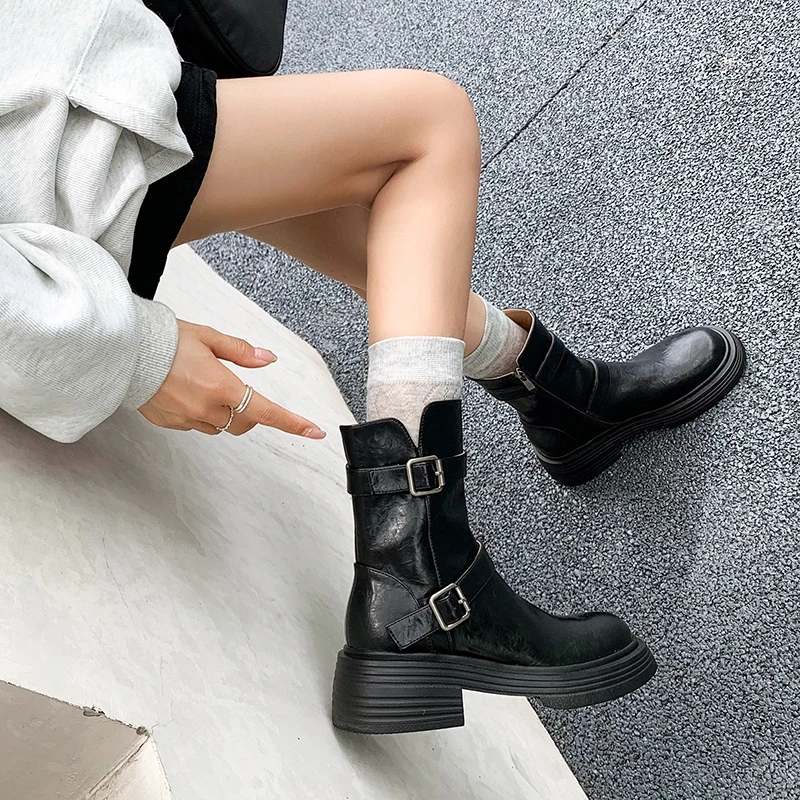 JOZHAMTA Size 33-40 Women Knight Boots Real Leather Buckle Straps Thick Heels Platform Shoes Winter Short Booties Office Dress