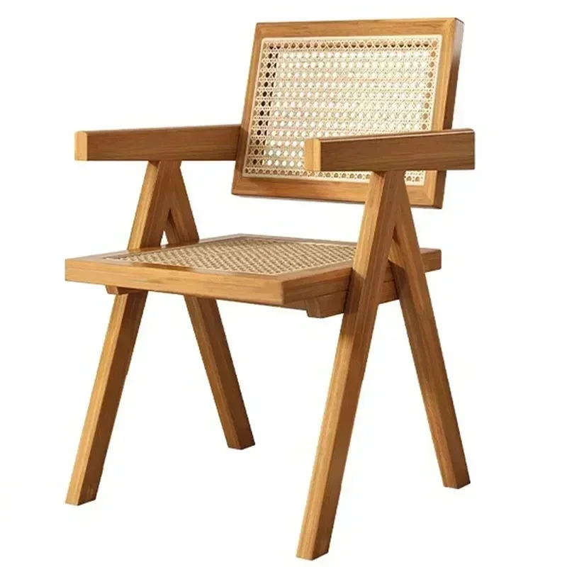 Rattan Back Chair Handmade Rattan Woven with Solid Wooden Stand Thick Armrests Ergonomic Design V-Shaped Support Sturdy,Stable