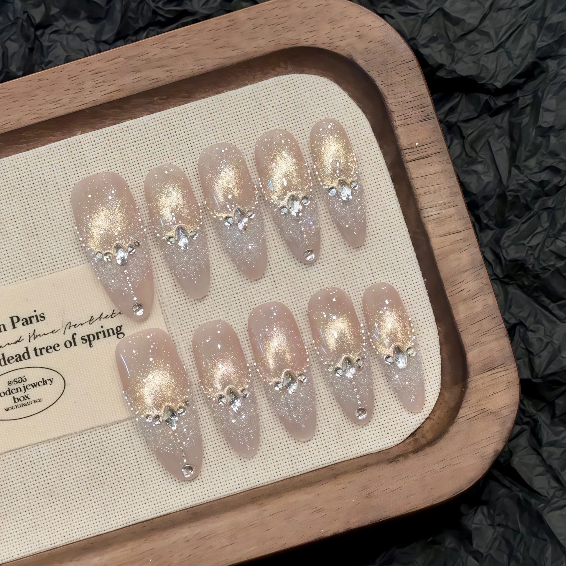 10 STKS Amandel Fijne Flash Diamant Franse Kunstnagels Handgemaakte Druk Op Nagels Goud Cat's Eye Nep Nagels Parelmoer Y2K Lange Ronde