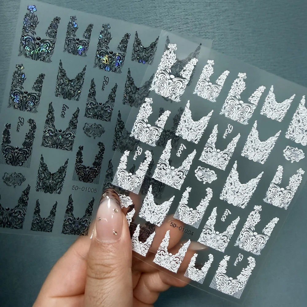 2/1Pcs 5D V-Shaped French Lace Nail Art Sticker Black White Elegant Retro Lace Flower Butterfly Nail Decal DIY Wedding Nail Deco