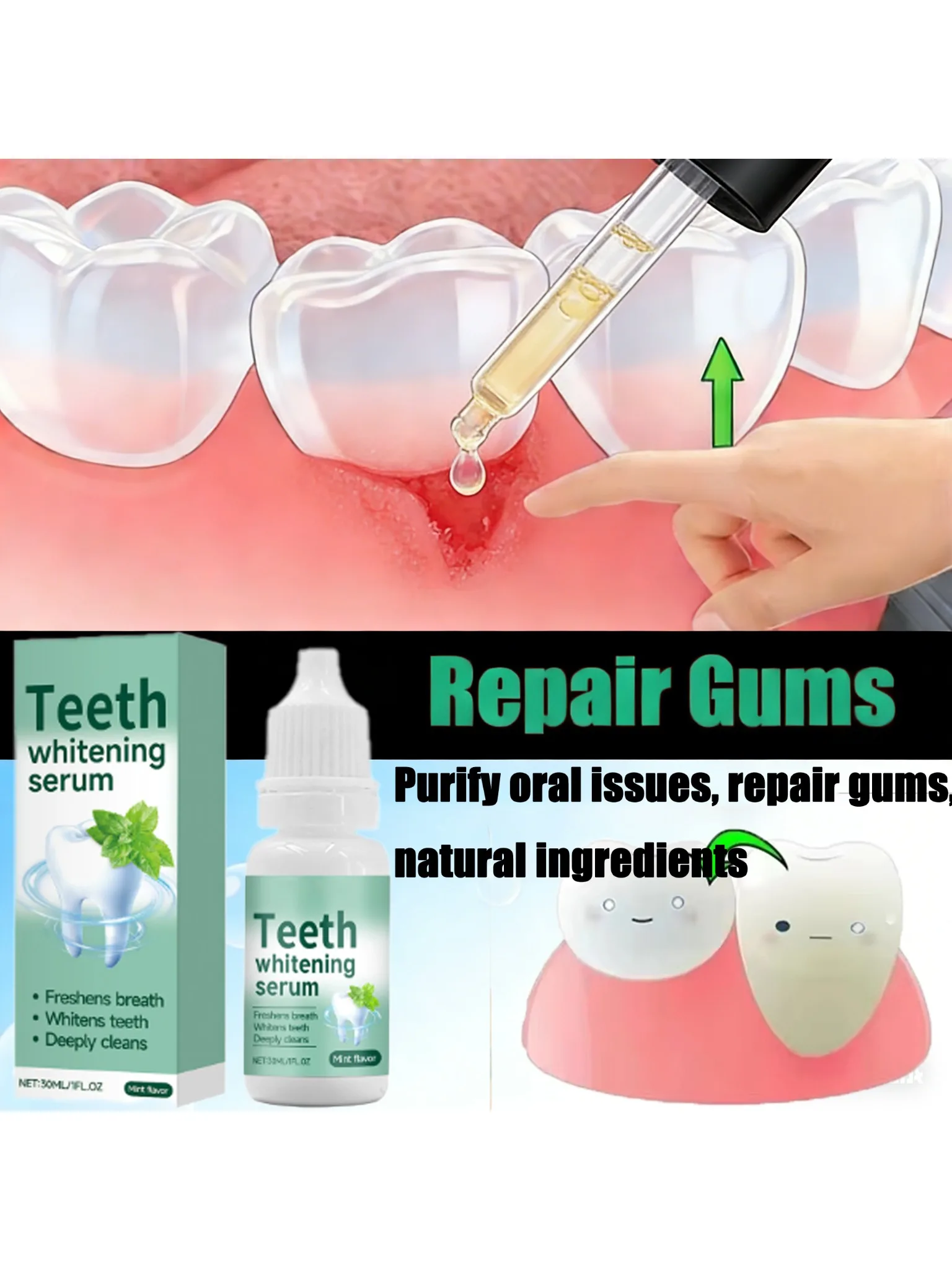 Sérum réparateur rapide pour les gencives, essence dentaire, bain de bouche, purifie les problèmes bucco-dentaires, ingrédients naturels, soulage les dommages aux gencives, la menthe réduit le feu