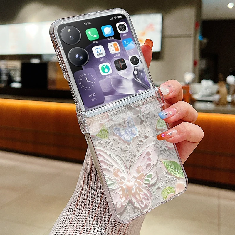Oil Painting Butterfly Pattern Transparent Phone Case For Xiaomi Mix Flip 2 Shockproof Folding Hard PC Cover For Mi Mix Flip 5G