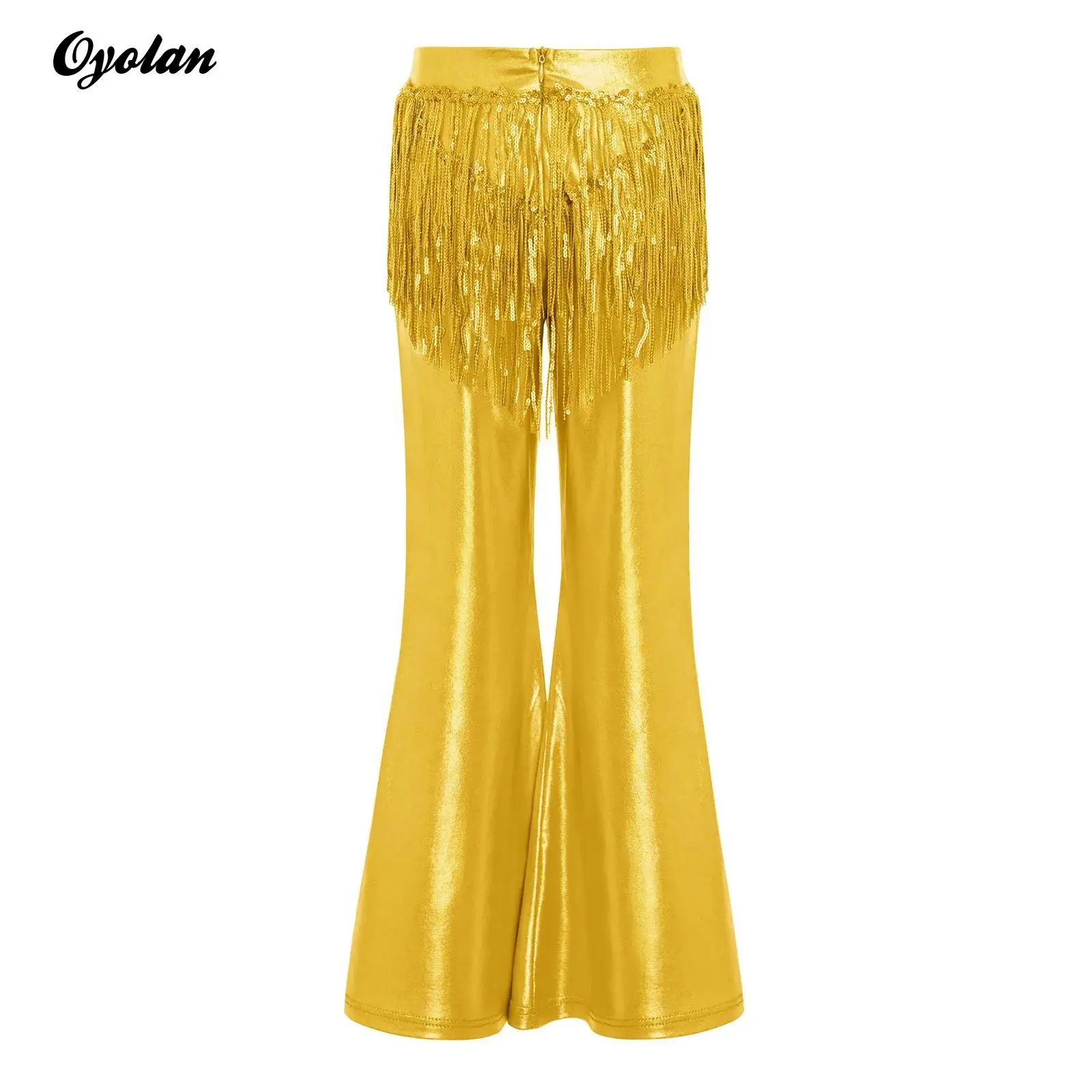 

Kids Girls Metallic Flared Pants Girls Hip Hop Jazz Dance Performance Costume Sequin Tassels Back Zipper Bell-Bottom Trousers