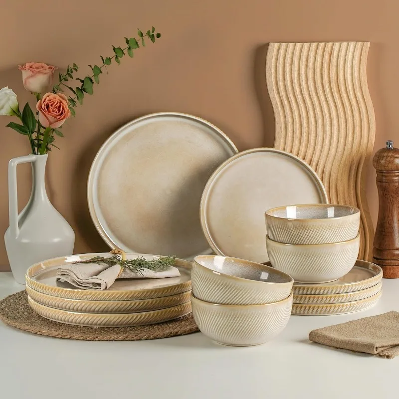 Earthsong Dinnerware Sets for 4, 12-Piece Ceramic Plates and Bowls Set, Dishwasher and Microwave Safe Stoneware Dishes Set