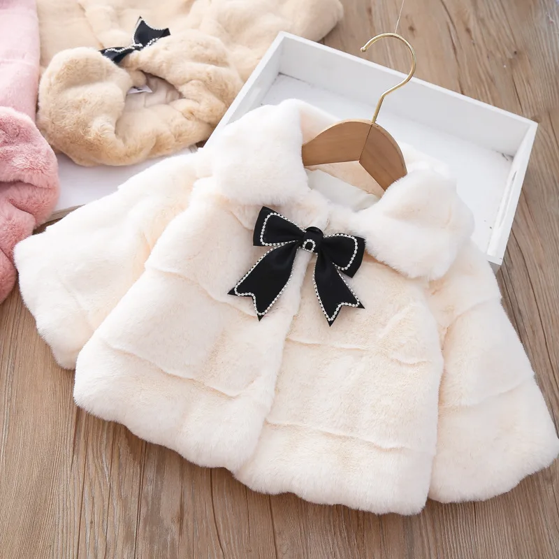 Fall winter baby clothes coats for girls infant outfits bow fake fur jacket outerwear 1 year baby\'s birthday cloak shawl coats