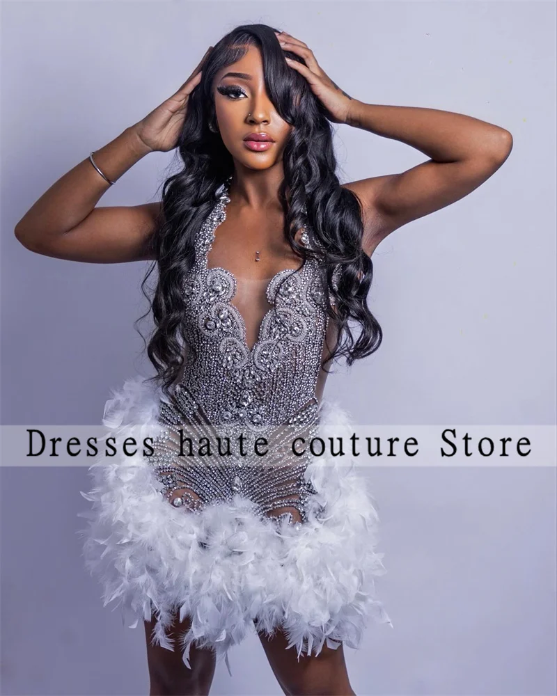 Halter Crystal Rhinestone Short Prom Dresses Black Girls 2025 Birthday Customized Bead Mini Cocktail Dress Feathers Homecoming image 4