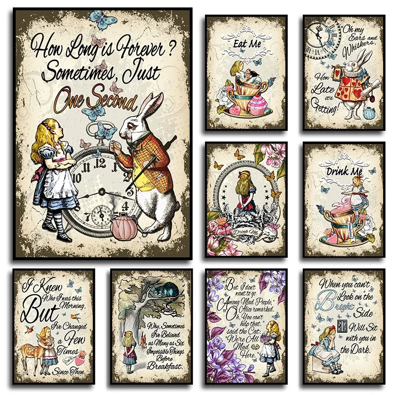 Vintage Alice Girl in Wonderland Fairy Tale Book Posters and Prints Canvas Printing Wall Art Picture for Kids Room Nursery Decor