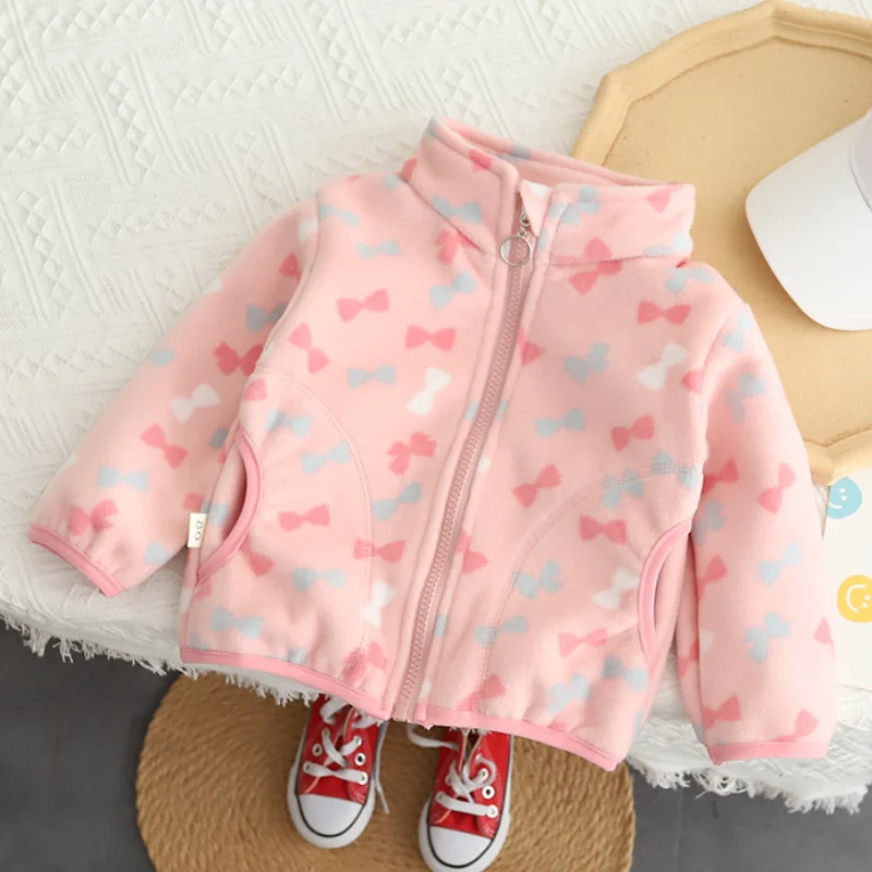 Spring and Autumn Boys and Girls New Lion Bow Love Cartoon Print Long Sleeved Cartoon Cute Shake Fleece Coat