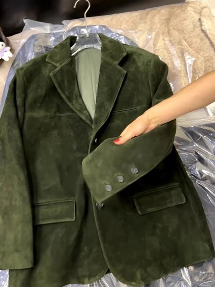 سترة كلاسيكية فضفاضة مناسبة للخريف للسيدات من جلد الغزال الصناعي سترة واحدة الصدر بأكمام طويلة ملابس خارجية غير رسمية سترات هاراجوكو للسيدات #3