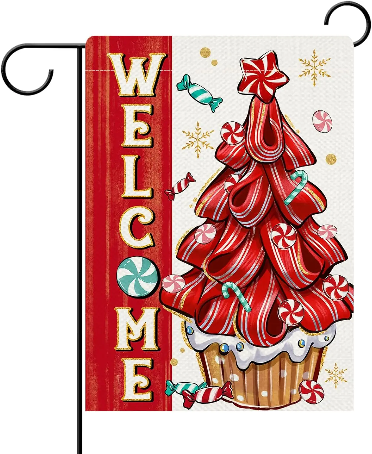 Dyrenson Welcome Christmas Tree Decorative Garden Flag, Red Xmas Cupcake Peppermint Candy Yard Outside Home Decorations, Holiday