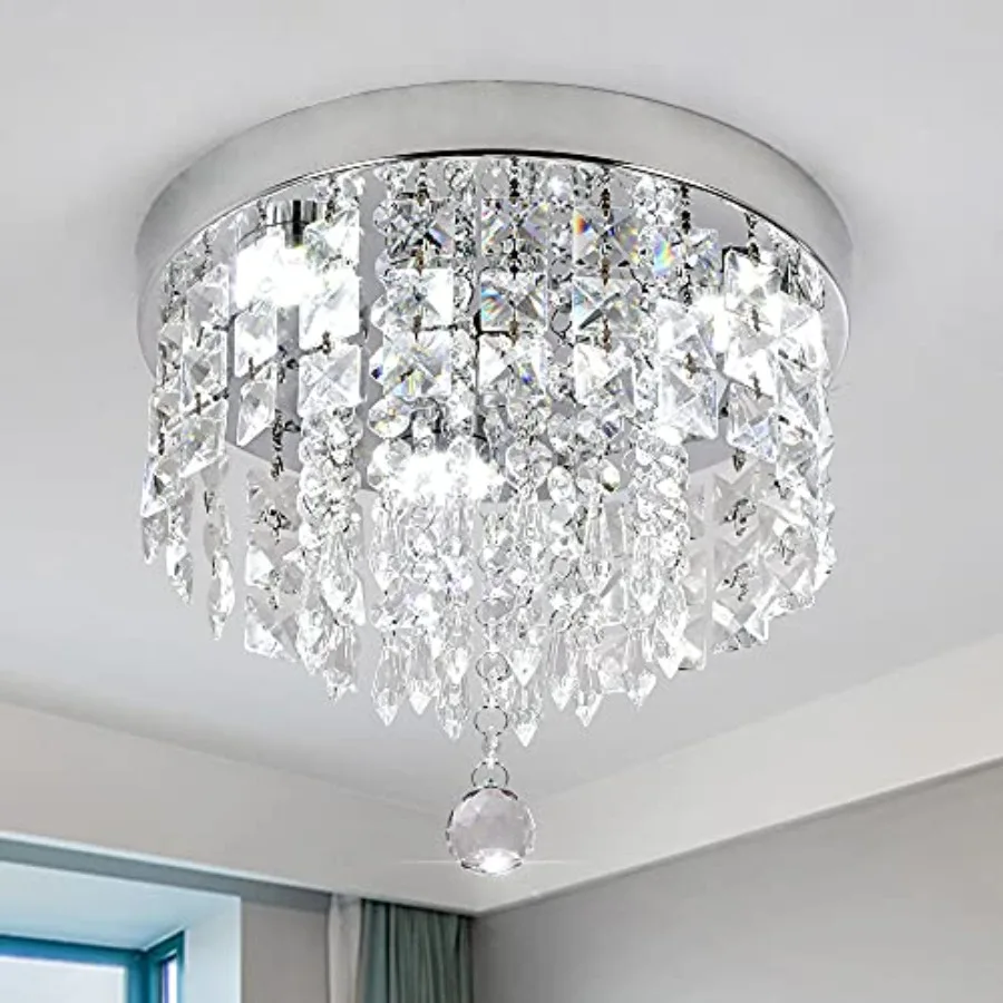 

Crystal Chandelier Modern Led Ceiling Flush Mount Stainless Steel Fixture Beaded Shade for Bedroom Dining Room Hallway Porch