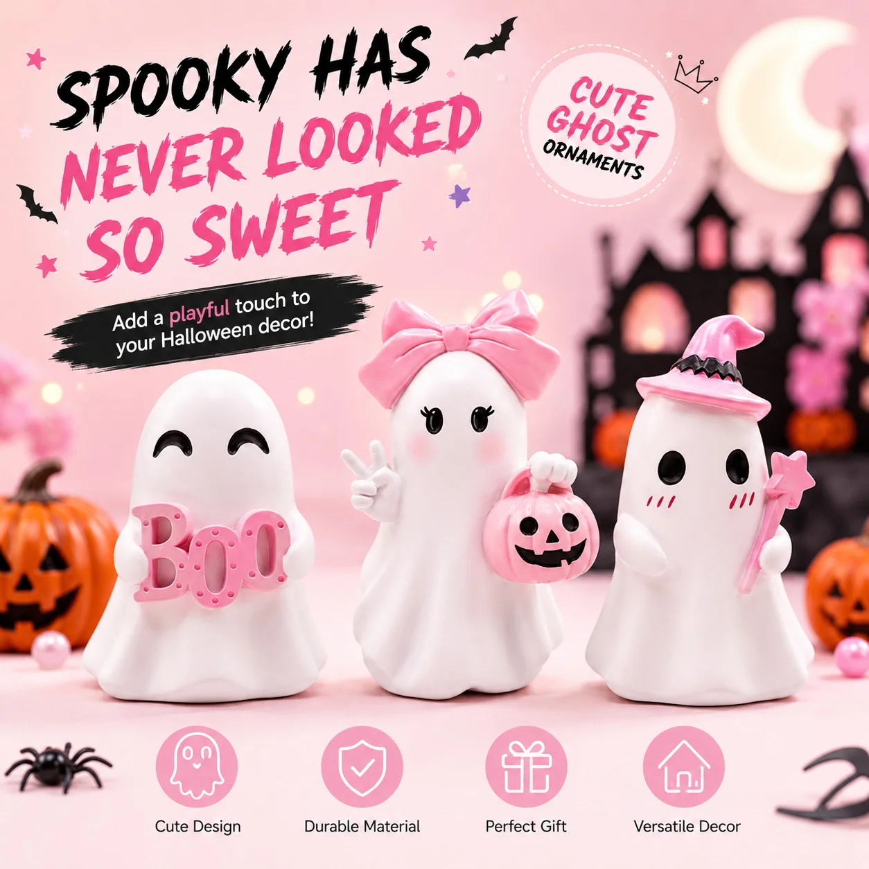 Pink Cute Halloween Ghost Resin Figurine Set Pumpkin Witch Hat Desk Decor Tabletop for Desk, Shelf, Office, Bedroom Home Gifts