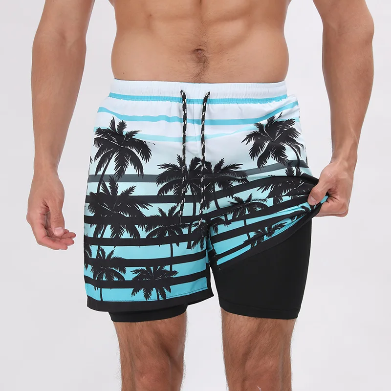 2023 Summer New Men's Casual Sports Quick Dried Beach Shorts Printed Double Layer Anti glare Plus Size Cross border