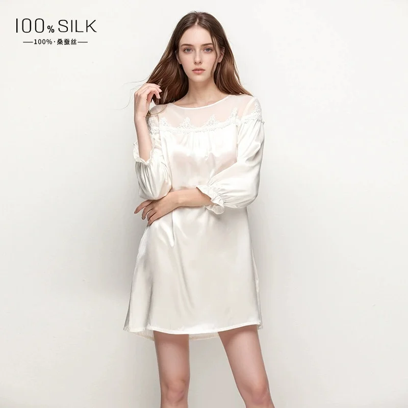 

2025 New Summer Style Women's French-Style Silk Nightdress - 100% Mulberry Silk Baby-Sleeve High-End Loungewear Short Dress