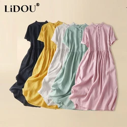 Summer New Ethnic Style Cotton Linen Casual Robe Femme Short Sleeve Loose Fashion Comfortable Vestido Women Solid Color Dress