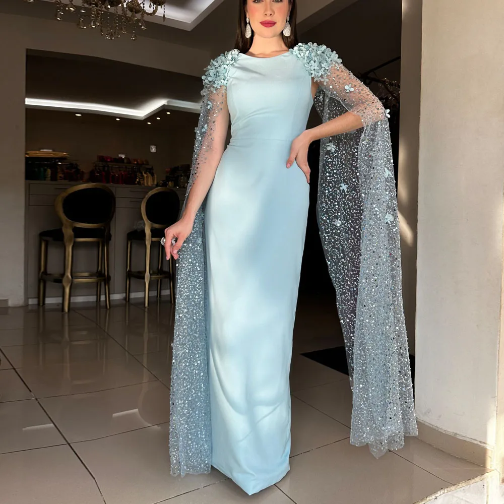 Customized Bodycon Evening Dresses with Cape Sleeve Flower Detail Shoulder Formal Prom Gown Back Split Satin Vestidos de fiesta