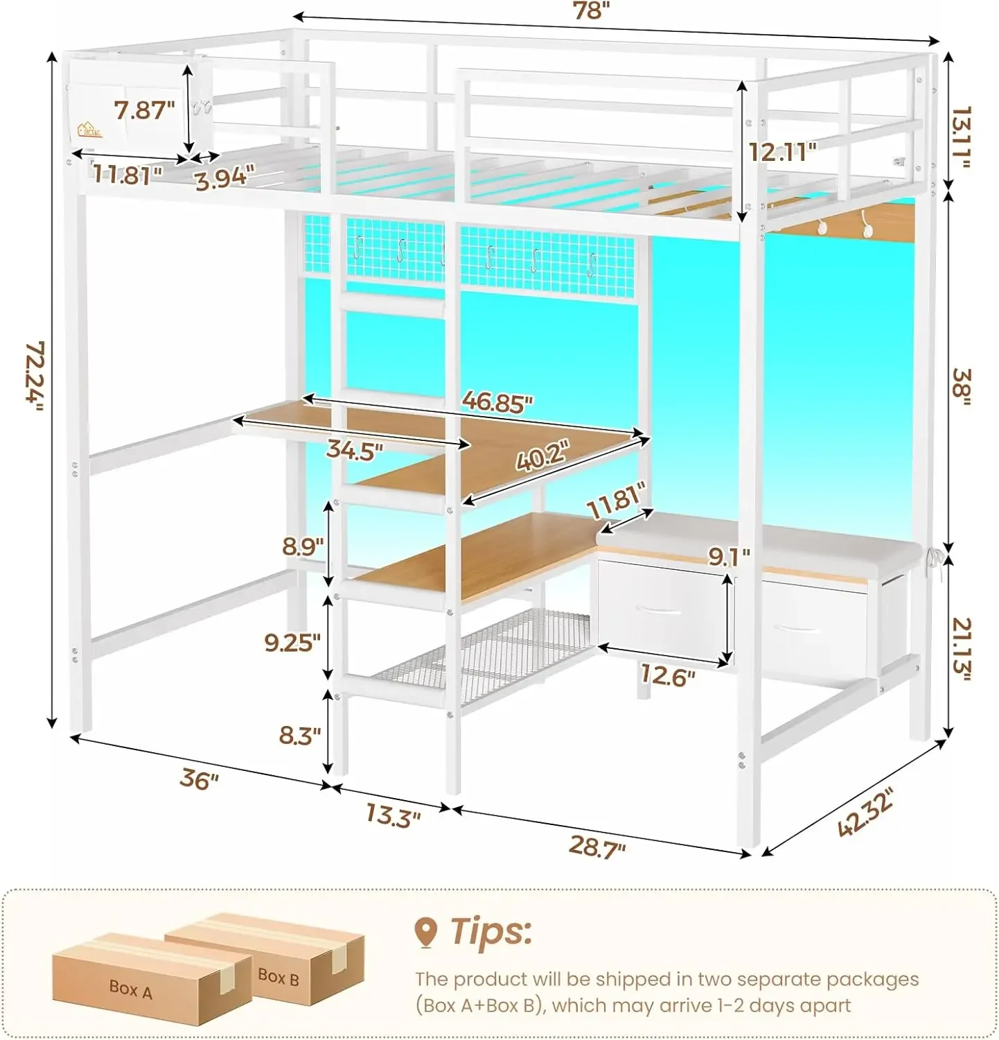 Twin Loft Bed L Shaped Desk Storage Shelves Charging Station LED Lights Coat Rack Drawers Stair Safety Guard White