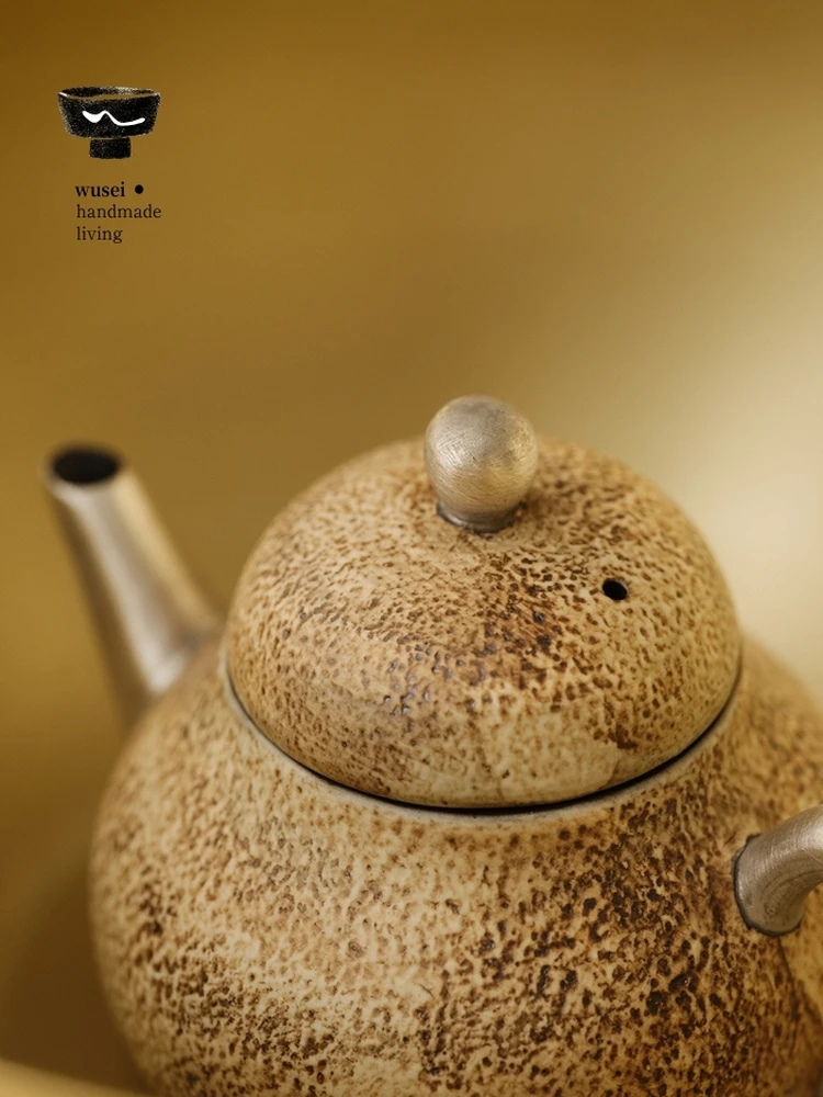 Wusei Ancient Rock Mud Silver Plated Pear Shape Tea Pot Ceramic Handmade Tea Set for Tea Houses Classical Wabi Sabi Style