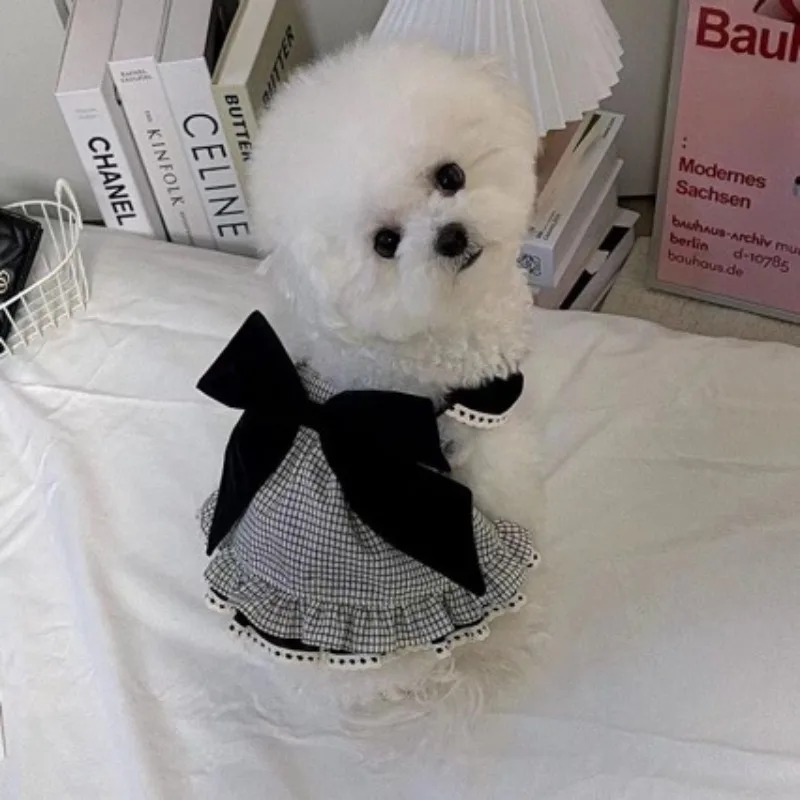 Pet Strap Bow Skirt Summer Cute Plaid Pet Princess Dress Thin Breathable Cat Clothes Dog Dress Puppy Bichon Small Dog Clothes