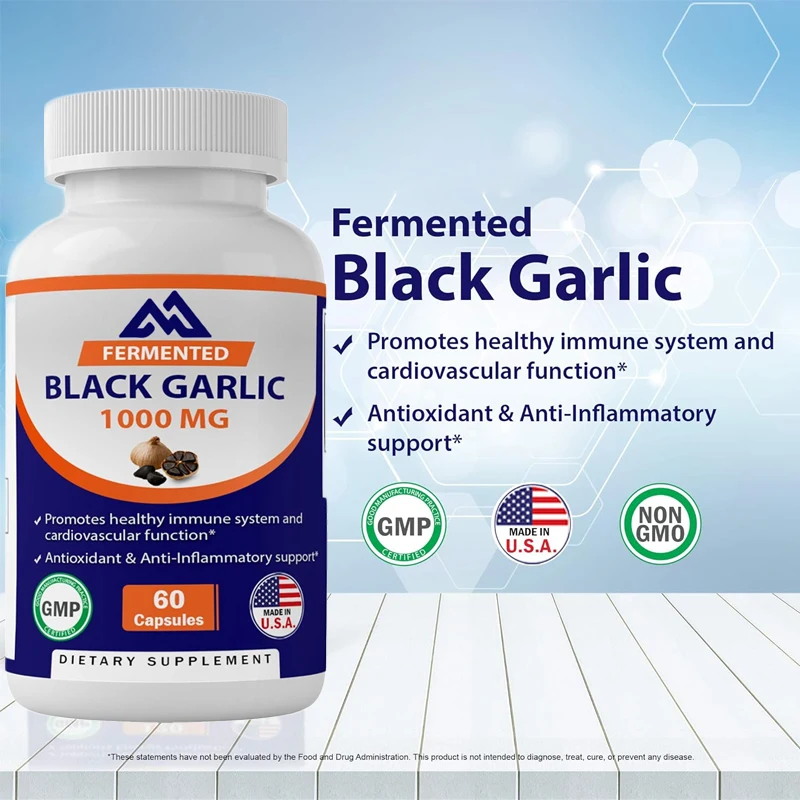 Fermented Black Garlic Extract 1000mg, 60 capsules, odorless - Non GMO, high absorption gluten free - Antioxidant