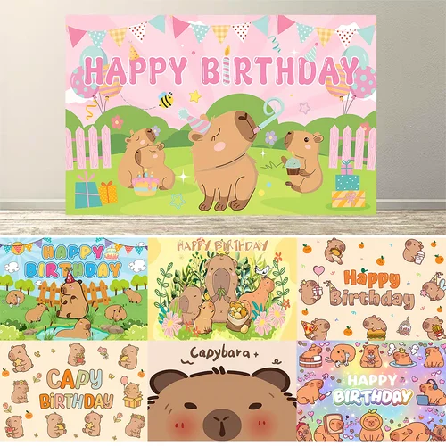 Imagen 1 del producto Lindo capibara feliz cumpleaños telón de fondo decoración dibujos animados Animal fiesta decoración para niños celebración de cumpleaños telón de fondo Shoot Prop