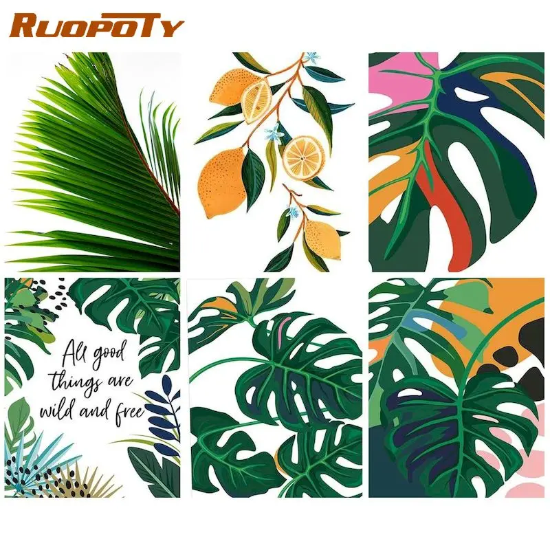 RUOPOTY Oil Painting By Number Green Leaves Illustration Acrylic Paints Painting By Number Plant Painting Wall Art