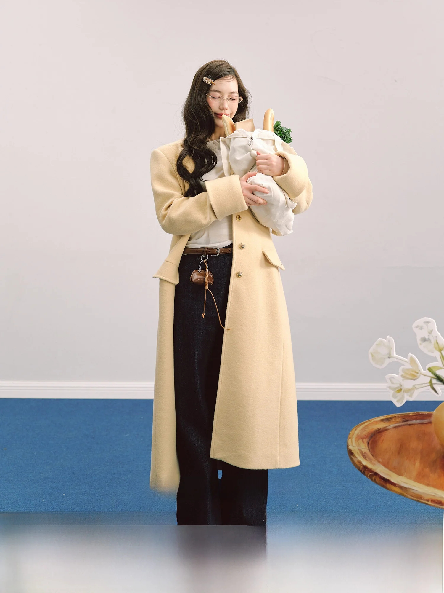 

LaluneDuCiel Роскошное удлиненное пальто из шерстяной смеси с одной пуговицей, женское, с прямым кроем, однотонное, с воротником-стойкой