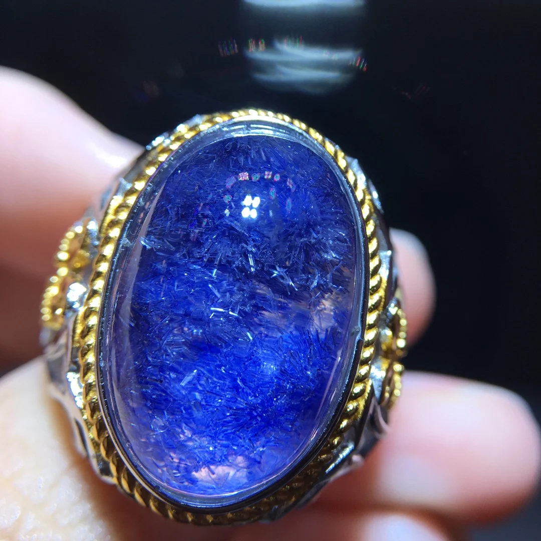 

Natural Blue Rutilated Dumortierite Adjustable Ring Woman 19.2/12.4mm Big Bead Ring Jewelry AAAAAAA