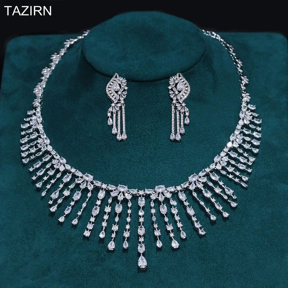 

TAZIRN Arabic Dubai White 5A Zirconia 2PCS Wedding Jewelry Set for Women Bridal Handmade Tassels CZ Evening Dinner Jewelry Sets