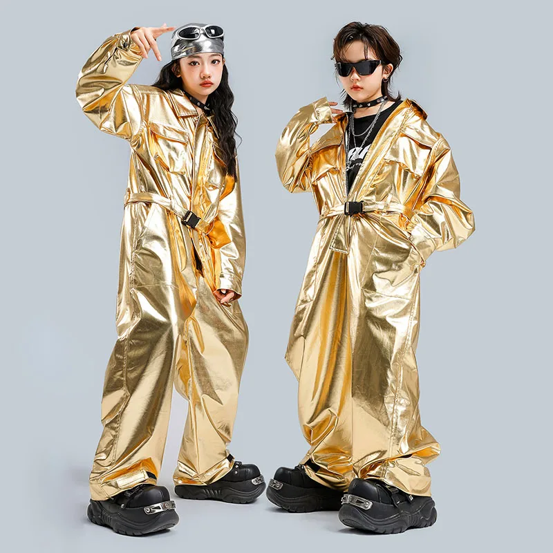 

Детская одежда в стиле хип-хоп Kpop, золотая искусственная кожа, повседневный широкий комбинезон-карго, комбинезон для девочек и мальчиков, одежда для уличных танцев, костюм, одежда