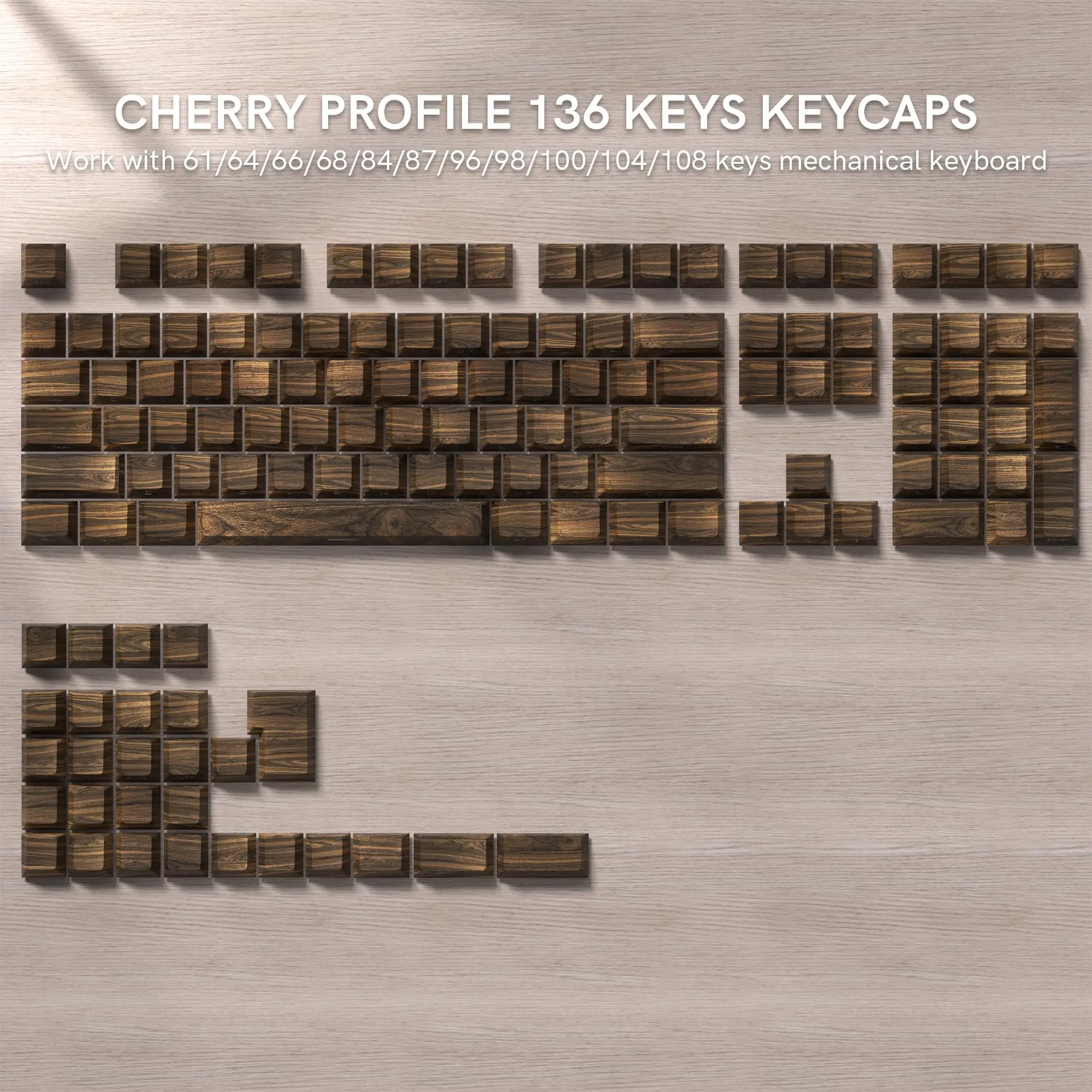 136 Keys Wood Grain Shine Through Keycaps Dye Sub Side Print PBT Keycaps Cherry Profile for Cherry Gateron MX Switch Keyboard