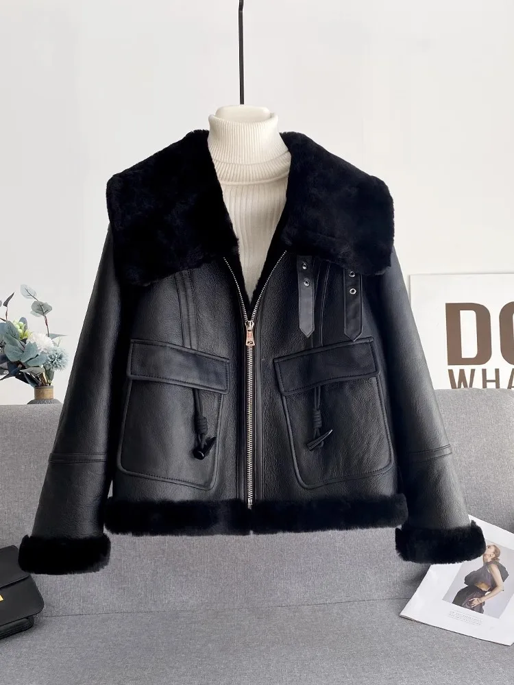 Winter Womens Shearling Coat Warm Wool Liner Genuine Leather Motorcycle Jacket Fashion Square Collar Zip Real Fur Short Overcoat