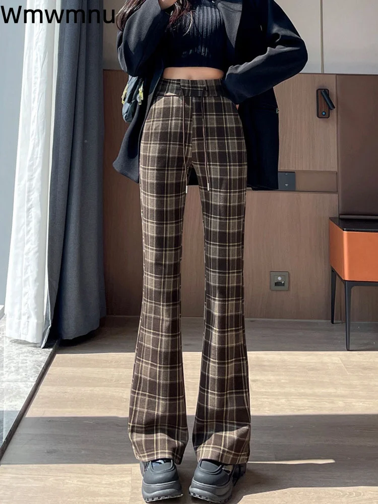 Lace-Up Women's Casual Bootcut Pants Fashion Wide Leg Plaid Pantalones Drawstring High Waist Woolen Baggy Trousers Hosen