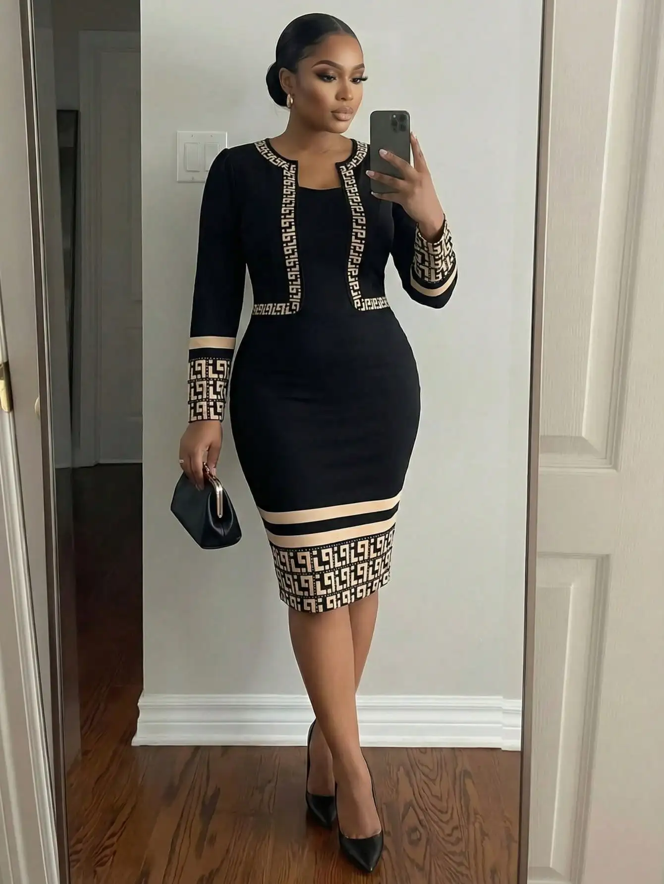 

Черное облегающее платье-футляр с геометрическим принтом для женщин, элегантное, с длинным рукавом, для вечеринок и офиса, больших размеров, облегающий крой